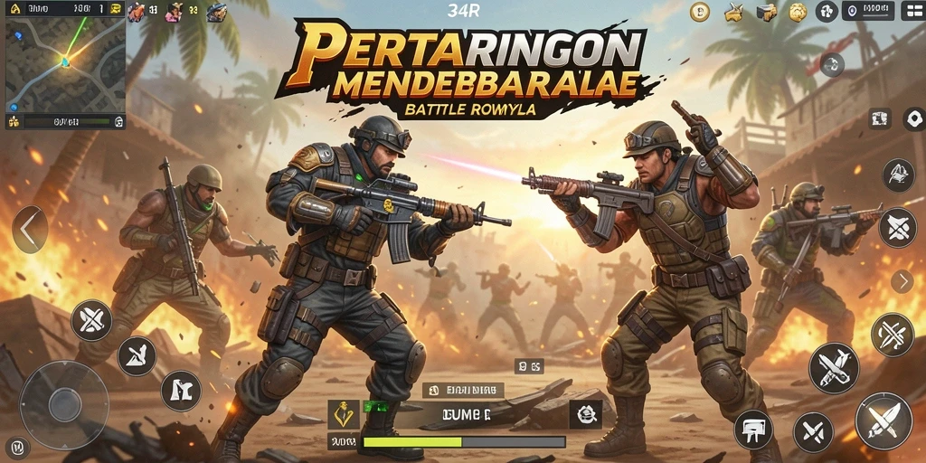 Screenshot gameplay 34R menampilkan aksi seru permainan Battle Royale.