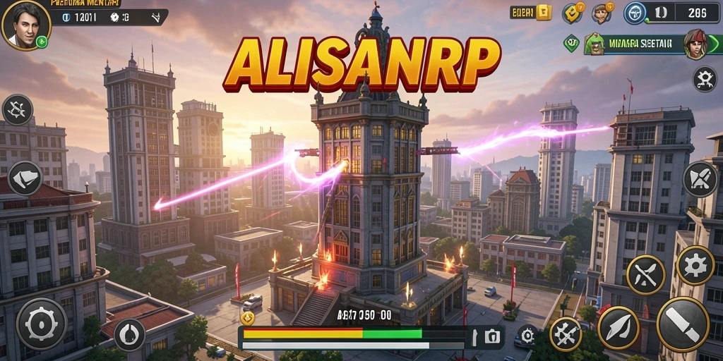 Screenshot gameplay <strong>ALISANRP</strong> yang menunjukkan pertahanan menara melawan gelombang musuh.