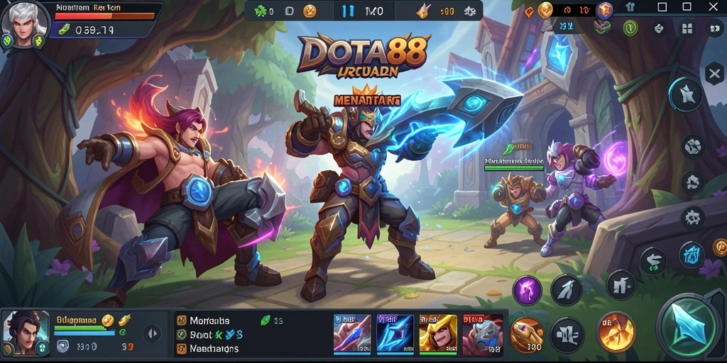 Tampilan gameplay DOTA88 dengan karakter dan level yang berwarna-warni.