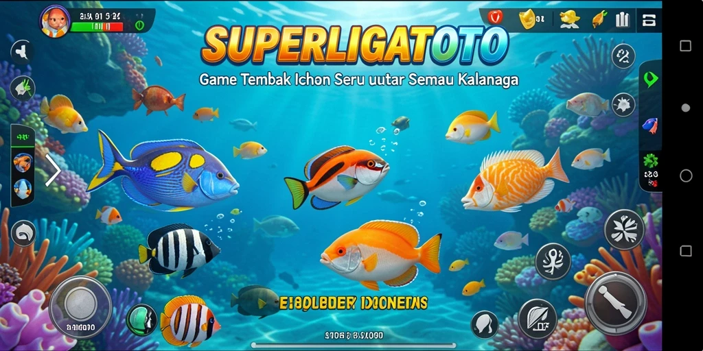 Tampilan gameplay SUPERLIGATOTO saat menembak ikan dengan grafis yang cerah.