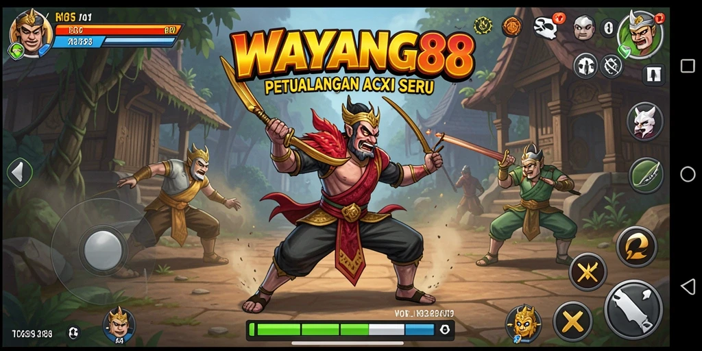 Tampilan aksi mendebarkan dalam WAYANG88 dengan karakter wayang.